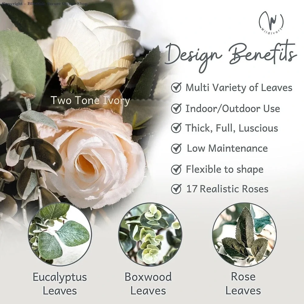 6 Pack Artificial Eucalyptus Garland with‎ 17 Ivory Cream Roses - Wedding Floral
